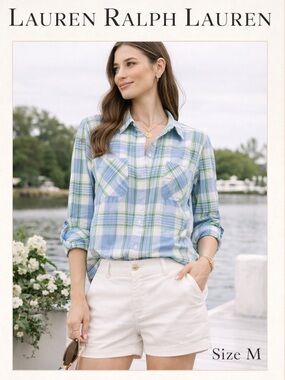 Lauren Ralph Lauren Plaid Button Down Shirt Blue Green Size M